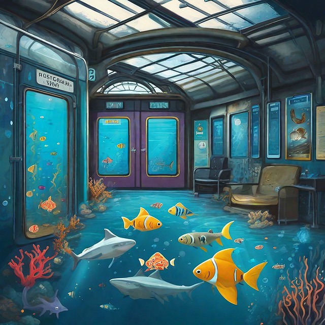 Train station interior as underwater world