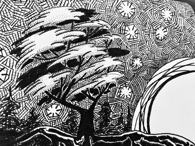 Pen Illustrative Drawing of Tree at Night in Sketchbook
