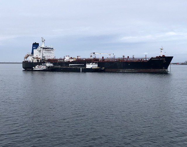 The oil tanker Overseas Boston from the M.V. Coho off Port Angeles Washington.  July 24 2023.