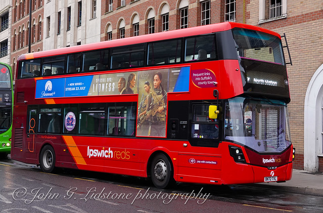 On loan to First Essex (Colchester), First Eastern Counties / Ipswich Reds Wright StreetDeck 35917, BN72 TVL on service 7 to North Station