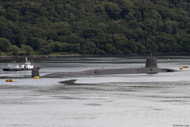 Royal Navy Vanguard-class Trident missile submarine HMS Vanguard, S28 (SSBN); QinetiQ Loch Goil Noise Range, Loch Goil, Argyll, Scotland.