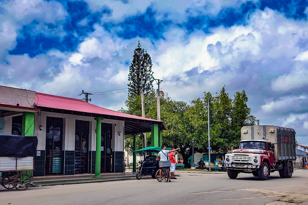 Streets, traffic, life and architecture of San Antonio de las Vueltas city. Villa Clara province, Cuba 2023