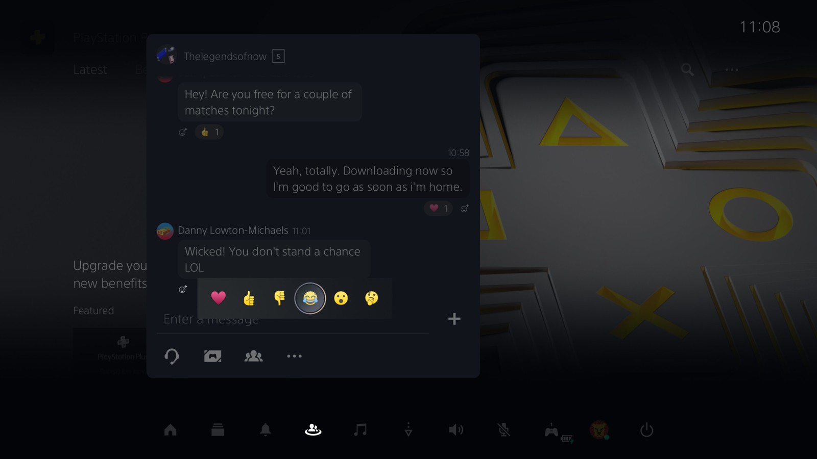 PS5 UI screen showing the option to react to messages with emojis.