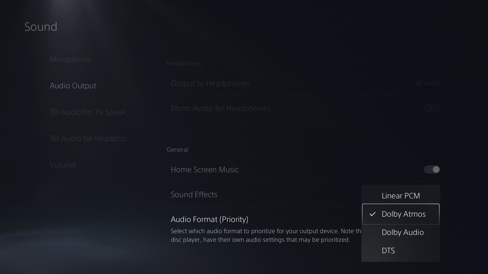 PS5 UI screenshot showing the option to select Dolby Atmos.