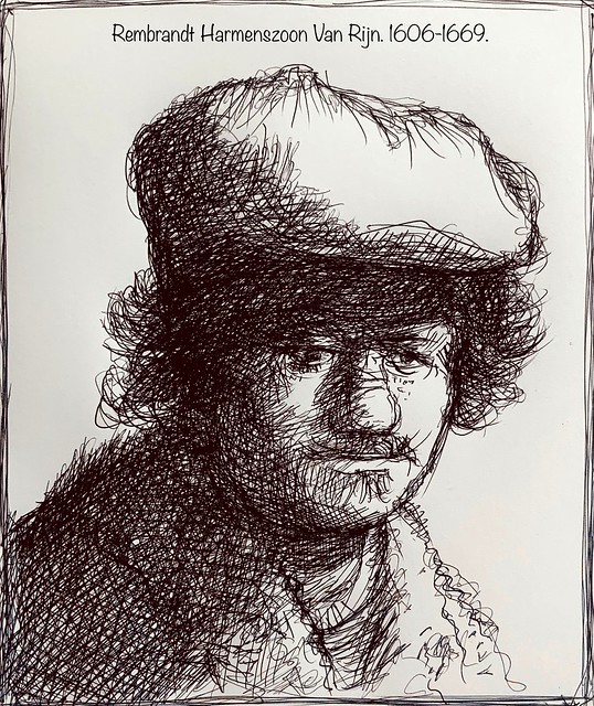 Finished Etching, self portrait of Rembrandt.  My version in Ballpoint pen by jmsw on card.