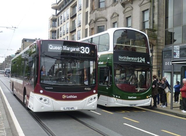 Lothian 95 and EastCoastbuses 938 on Princes Street, Edinburgh.