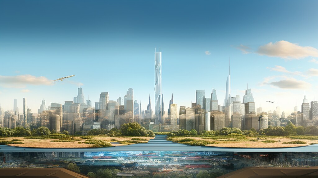 section of a future city skyline above the ground and a city below the graound