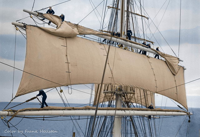 Working on the sails of Suomen Joutsen (1934)