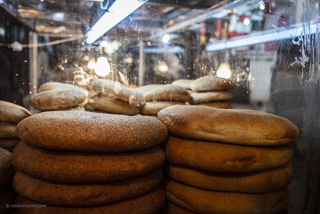 Bread on display waiting to be sold in the medina of Fes
