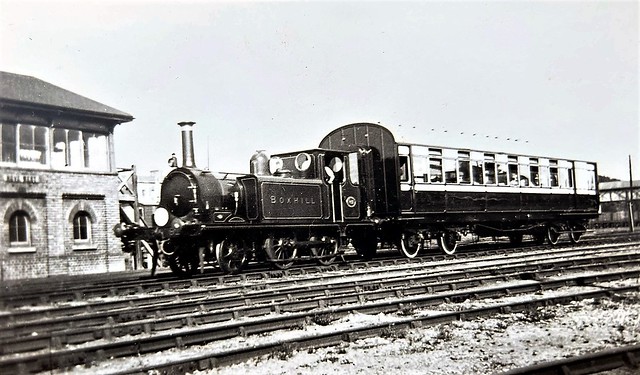 London Brighton & South Coast Railway – A1 Class 2-4-0T No.82 ‘Boxhill’ (682 & 380S ‘Loco Dept Brighton Works’, B682 & 2682) taken on Auto-Train trials passing Hove West Signal Box c1906.