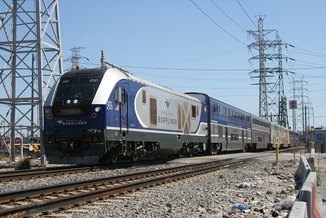 Amtrak Charger SC-44 series between Glendale and Union, Los Angeles, California, US /June 24, 2023
