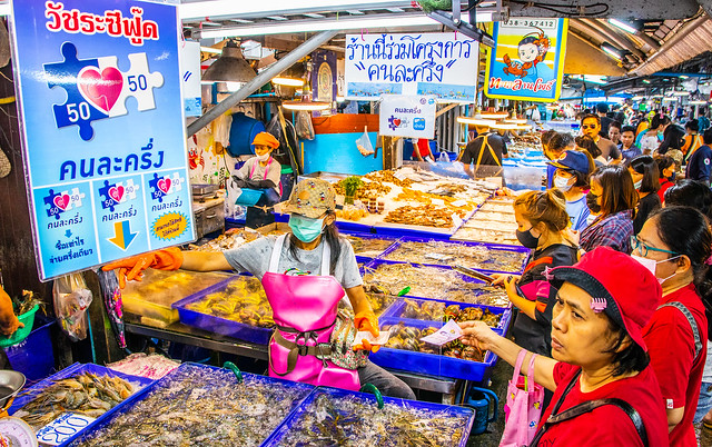 fresh caught Seafood for Sale at a Street Fish Market in Thailand