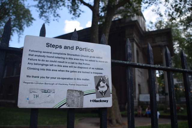 DSC_1498 St Leonard's Shoreditch Churchyard London Sign of the Times Steps and Portico No Loitering. NOT exactly Christian!
