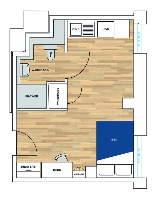 An example floorplan displaying a typical layout for a room in Eveleigh Waterside accommodation.