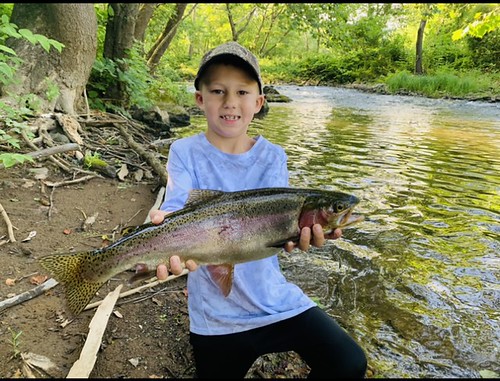 Photo of boy at a stream holding a fish