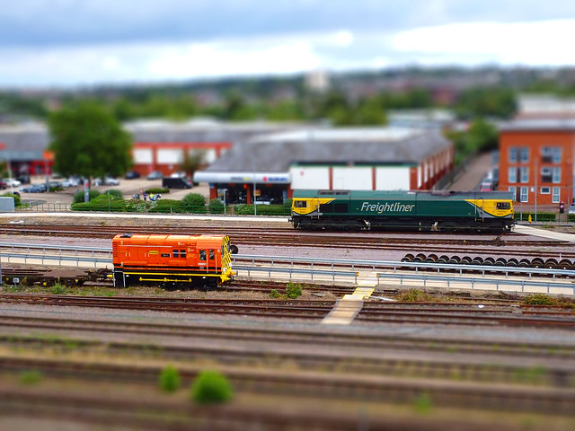 Miniature fakes - Freightliner VMF facility at Ipswich, with 08891 & 66504 stabled for the weekend. 30 07 2023 tiltshift