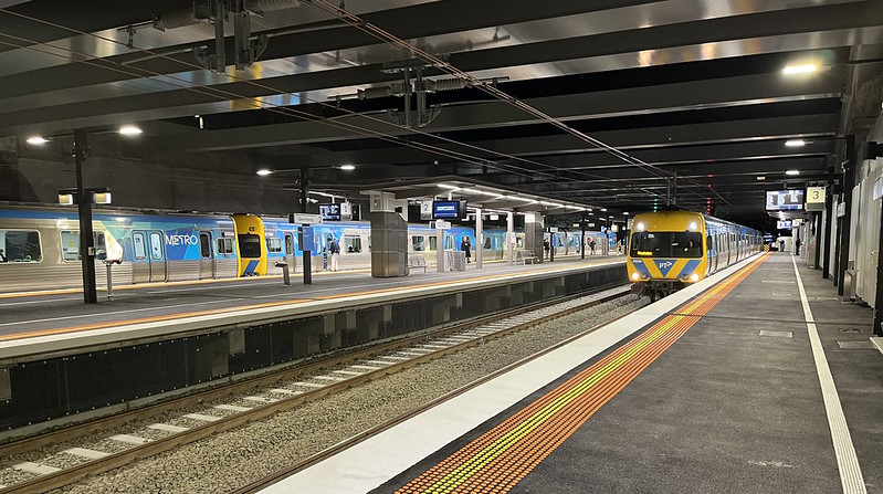 Trains at the new Glen Huntly station