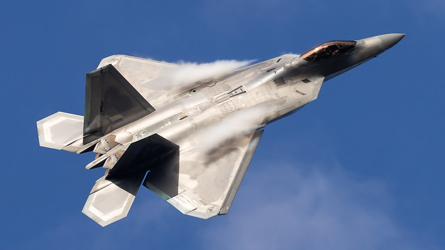 US Air Force Lockheed Martin F-22 'Raptor' performing in the skies over OSH