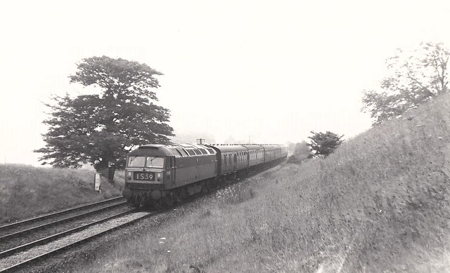 Brush Type 4 D1102 on a diverted York-Edinburgh train passing Hunwick near Bishop Auckland