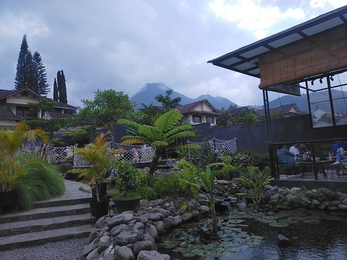 garden pond mountain sky cloud blue white water pool tree plants cafe green outdoor jatim jawatimur batu malang indonesia