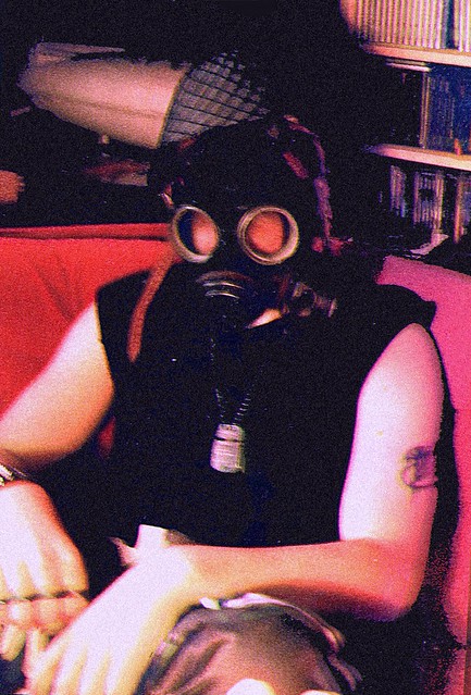 Vintage Photo Nille or Henke at my home wearing my military attire, Gasmask and army metal helmet - Young Punks in collection of MushroomBrain Malmö, Sweden retro