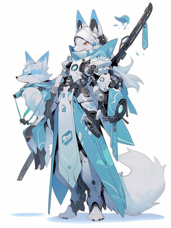 centred character robot fox, mechanical style , Onmyoji , in year 2074, ultramarine, sea foam, sky blue, narcissus, stand, full body