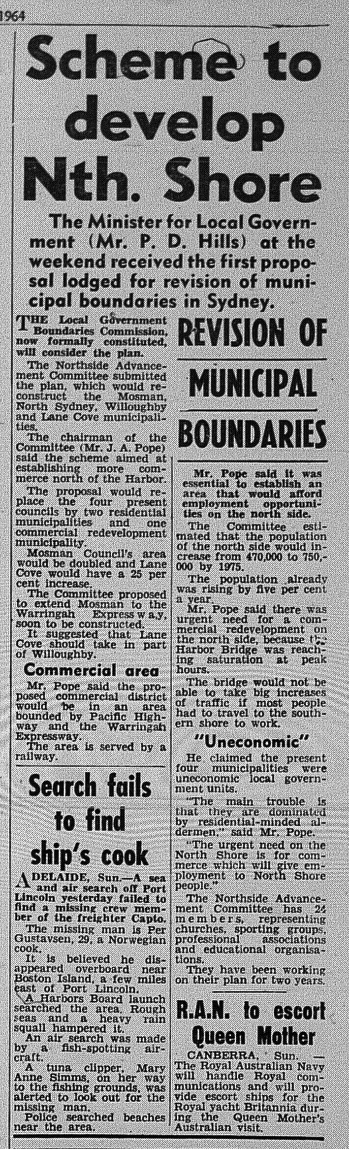 North Shore Council Boundary Changes proposed February 3 1964 daily telegraph 8
