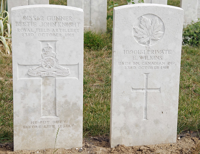 B.J. Knight, Royal Field Artillery & E. Wilkins, Canadian Infantry, 1918, War Grave, Etaples