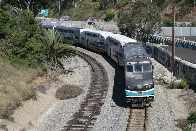 Metrolink Hyundai Rotem Bi Level cars near Union.Sta, Los Angeles, California, US /June 24, 2023