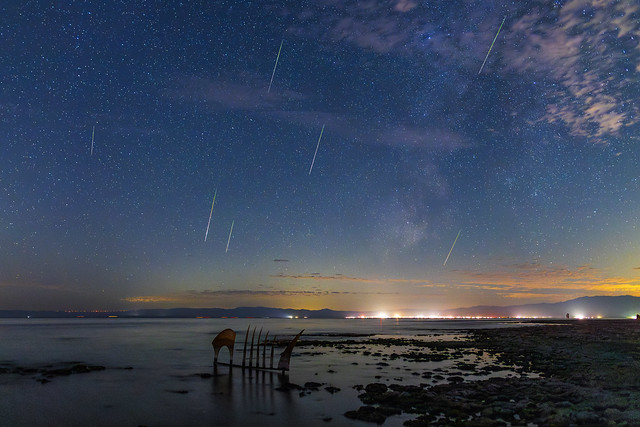 Perseid Meteors Over the Salton Sea. Milky Way galaxy core to the right.