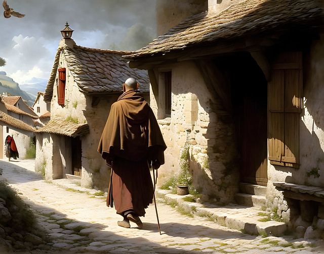 Monk Walking through a Village in France C. 1560