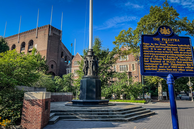 Historical Marker for the The Palestra arena with Franklin Field in the background at University of Pennsylvania - Philadelphia PA