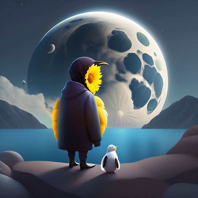 Moonlit Bonds: A Man and Penguin's Celestial Connection