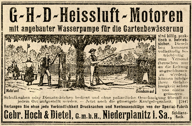 Werbeanzeige für G-H-D- Heissluftmotoren mit angebauter Wasserpumpe, 1920