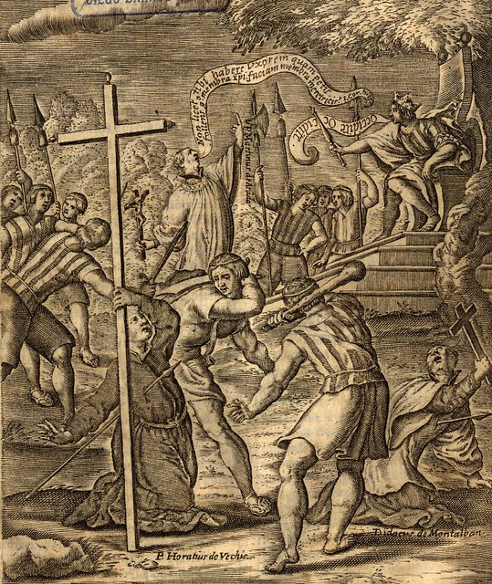 en un grabado del libro de Alonso de Ovalle de 1646 que representa los Mártires de Elicura