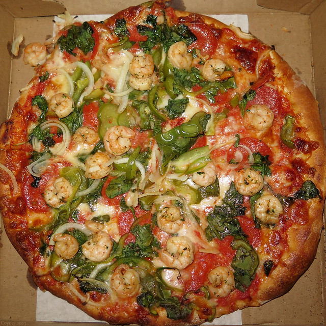 Shrimp, Green Pepper, Onion, and Pepperoni Pizza