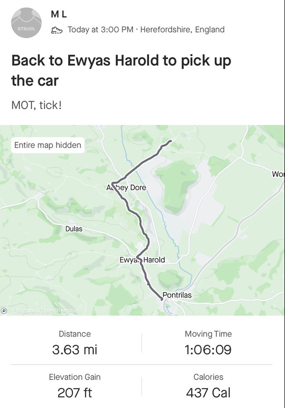 Strava Map: Back to Ewyas Harold to pick up the car