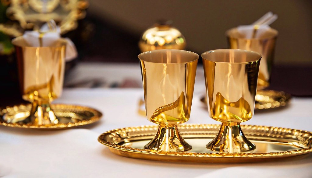 Closeup of golden communion tableware on the table