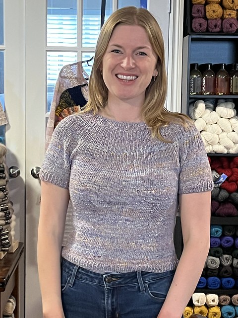 Julie came in wearing her Anker Tee by PetiteKnit that she knit with Noro Kakigori.