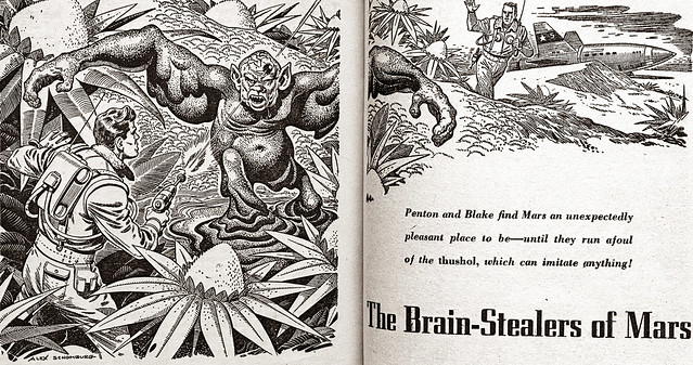 Art by Alex Schomburg for “The Brain-Stealers of Mars” by John W. Campbell, Jr. in “Wonder Story Annual,” Vol. 1, No. 3 (1952).