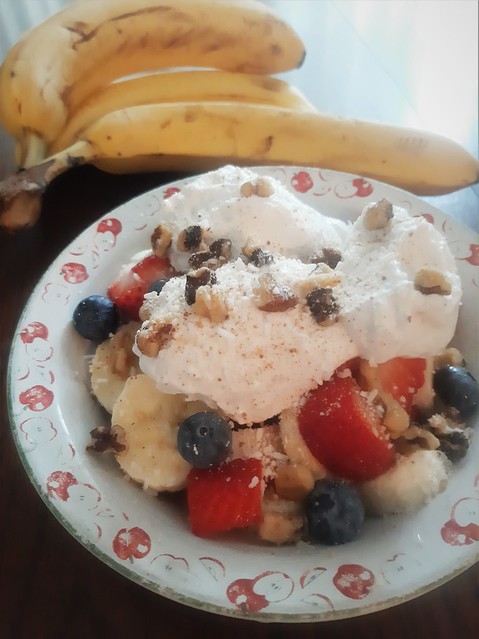 Fruit Salad with Whipped Cream & Walnuts (Vegan)
