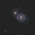 Whirlpool Galaxy Whirlpool galaxy M51, is about 31 million light years away. Magnitude 8.4 spiral galaxy in Canes Venatici.
Taken with 8&amp;quot; SCT telescope with 6.3 reducer. ZWO ASI183MC Pro camera. Stacked, and edited in Pixinsight. This a re-edit from the photo taken on 4-30-23. Took this in the wrong file format and have had issues with it, but think I&#039;ve finally fixed it. 