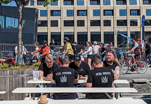 Metal fans enjoy a picnic next to one of the Copenhagen bicycle superhighways