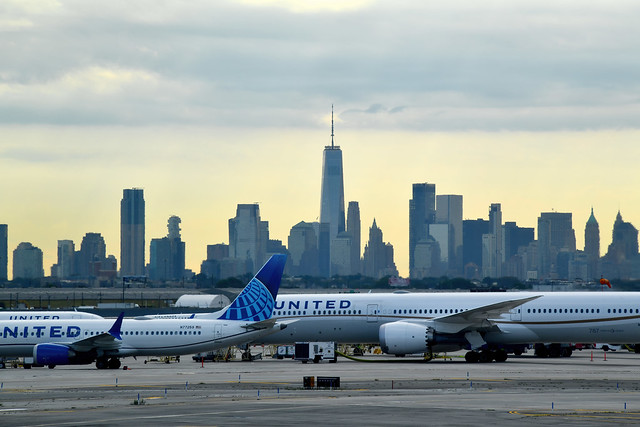 Early morning view of Lower Manhattan from Newark Liberty airport