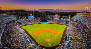 Panorama view of Dodgers Stadium at twilight - Los Angeles CA