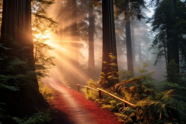 Trail through the forest in sunlight