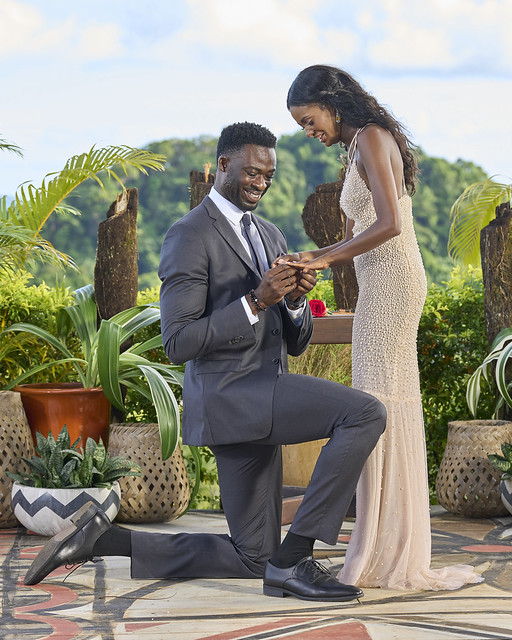Dotun Olubeko got down on one knee to propose to the Bachelorette Charity Lawson.