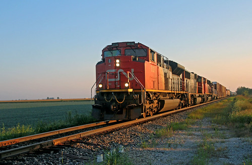Fields of Corn and Soybeans by craigsanders429, Shortly after sunrise north of Leverett, Illinois, a southbound Canadian National train passes a cor