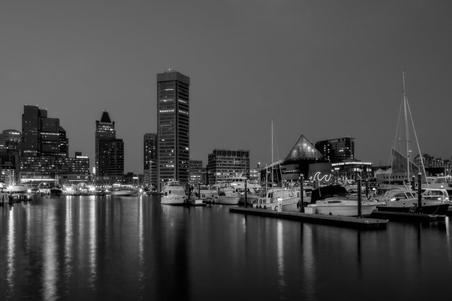 Baltimore Inner Harbor Skyline Reflections BW