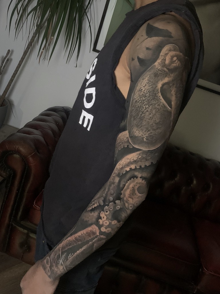 tattoo best london artist sea ocean animal mix full sleeve black and grey realistic